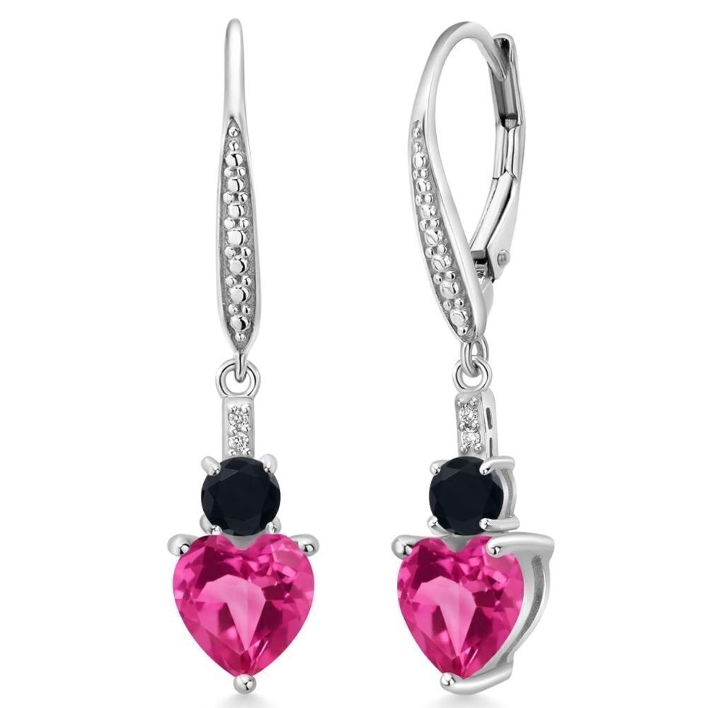 925 Sterling Silver with 3.27Cttw Pink Sapphire and Black Onyx Heart Earrings